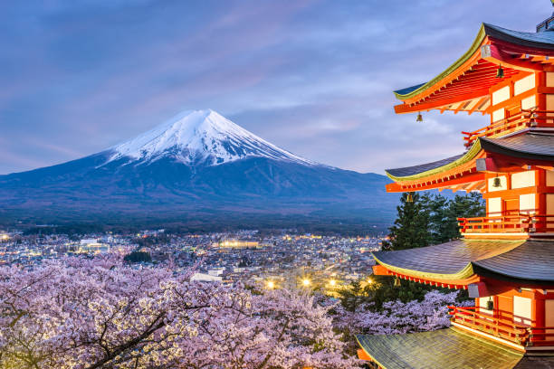Fujiyoshida view of Mt. Fuji and Chureito Pagoda during the spring season.