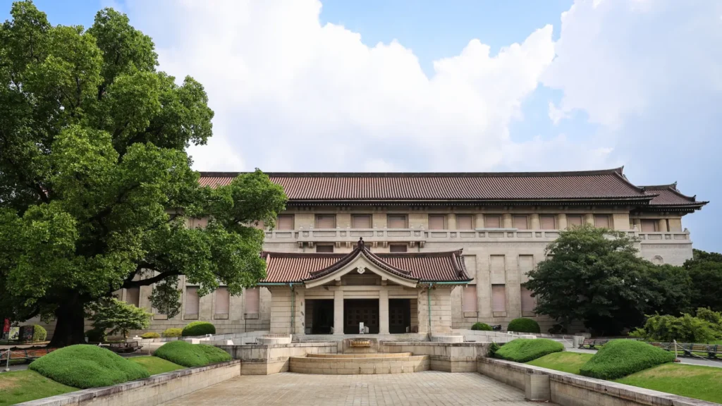 Tokyo National Museum building in Ueno Park showcasing traditional Japanese architecture.