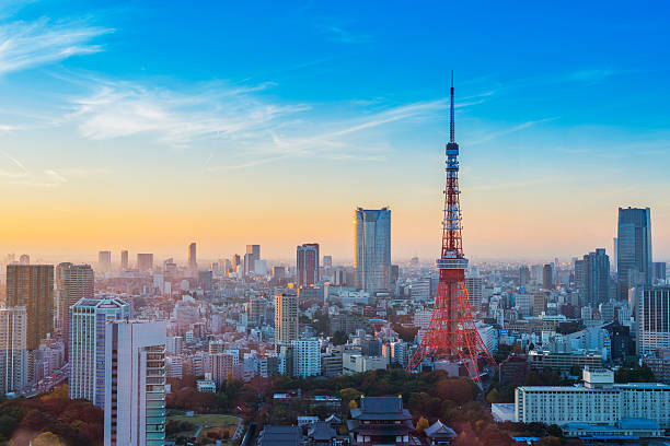 Tokyo Tower glowing with panoramic views of Tokyo city.