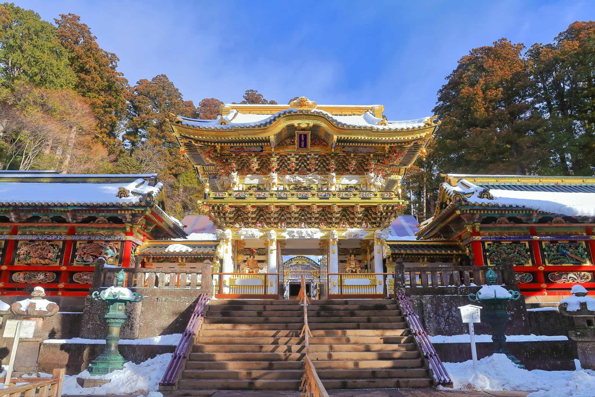 Nikko Toshogu Shrine with ornate carvings, colorful architecture, and sacred forest surroundings in Nikko, Japan.